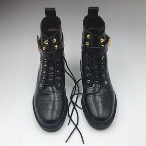 NWOB Lauren Ralph Lauren Eldridge Croc Embossed Leather Combat Boot